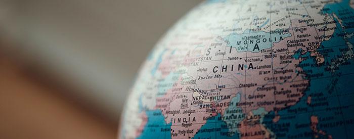China as positioned on a globe